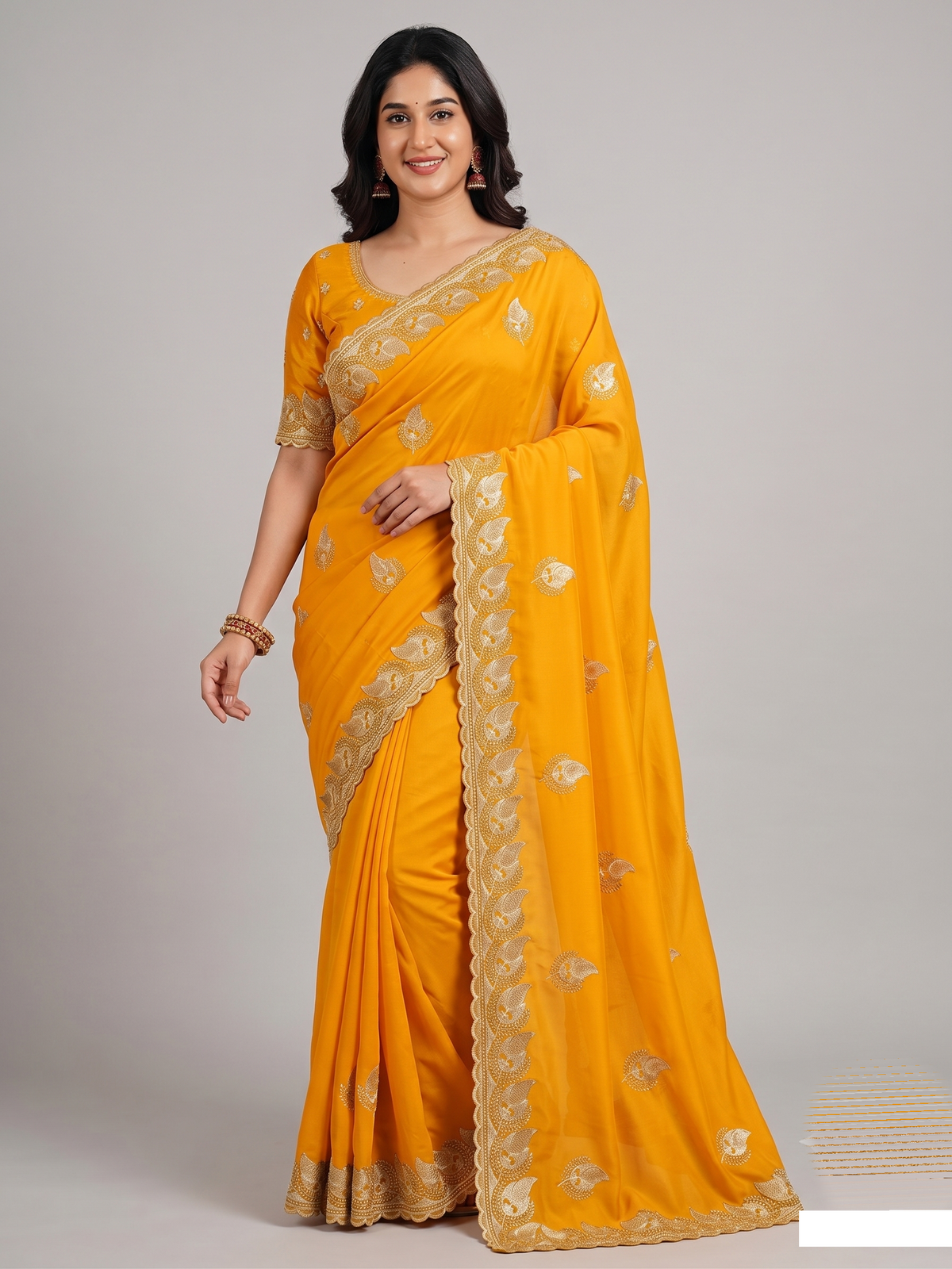 Zegoom Yellow Satin Silk Saree with Gold Paisley Embroidery