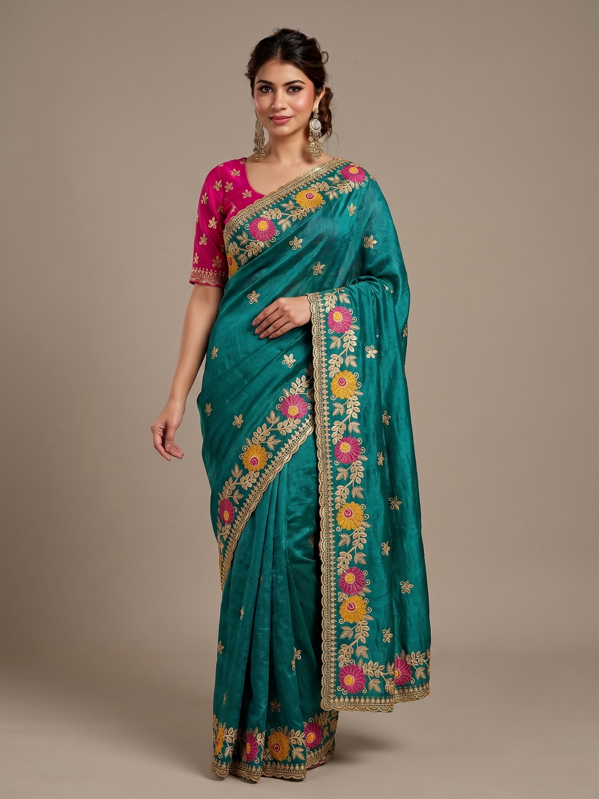 Designer Teal Floral Embroidered Saree with Fancy Border Work