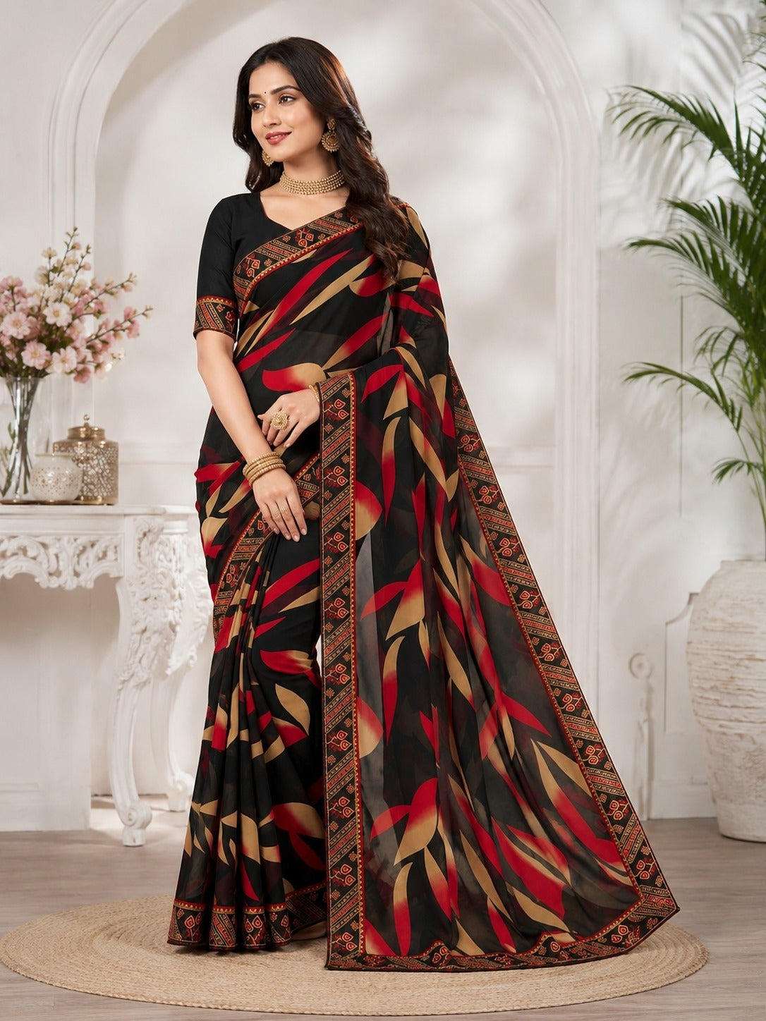 Black Floral Printed Saree with Ethnic Border Design