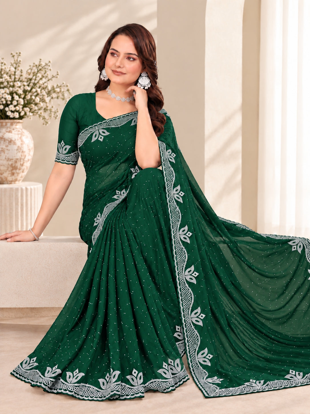 Green Stone Work Georgette Saree with Embroidered Lace Border