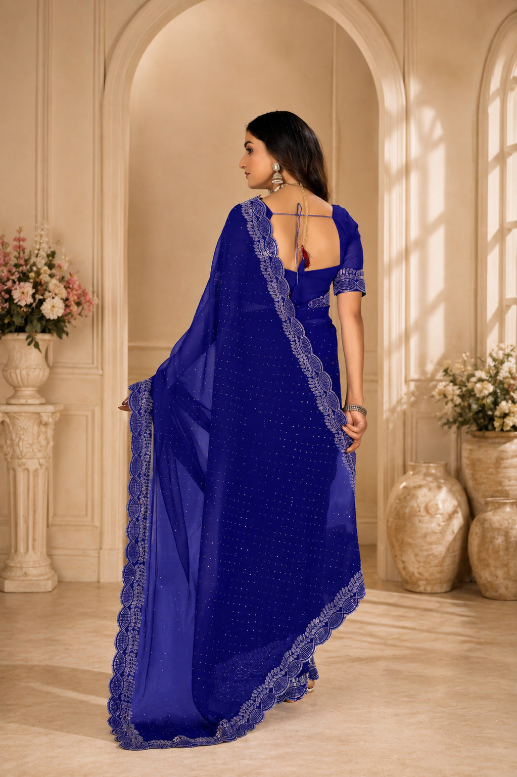 Royal Blue Stone Work Saree with Designer Stone Border