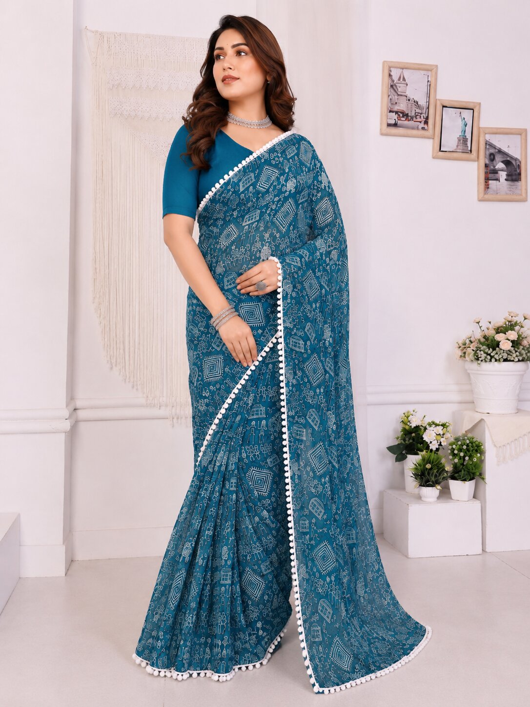 Teal Tribal Print Saree with White Pom-Pom Lace Border