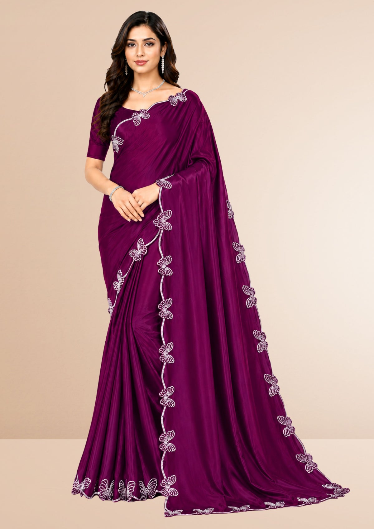 Wine Butterfly Swarovski Stone Work Saree