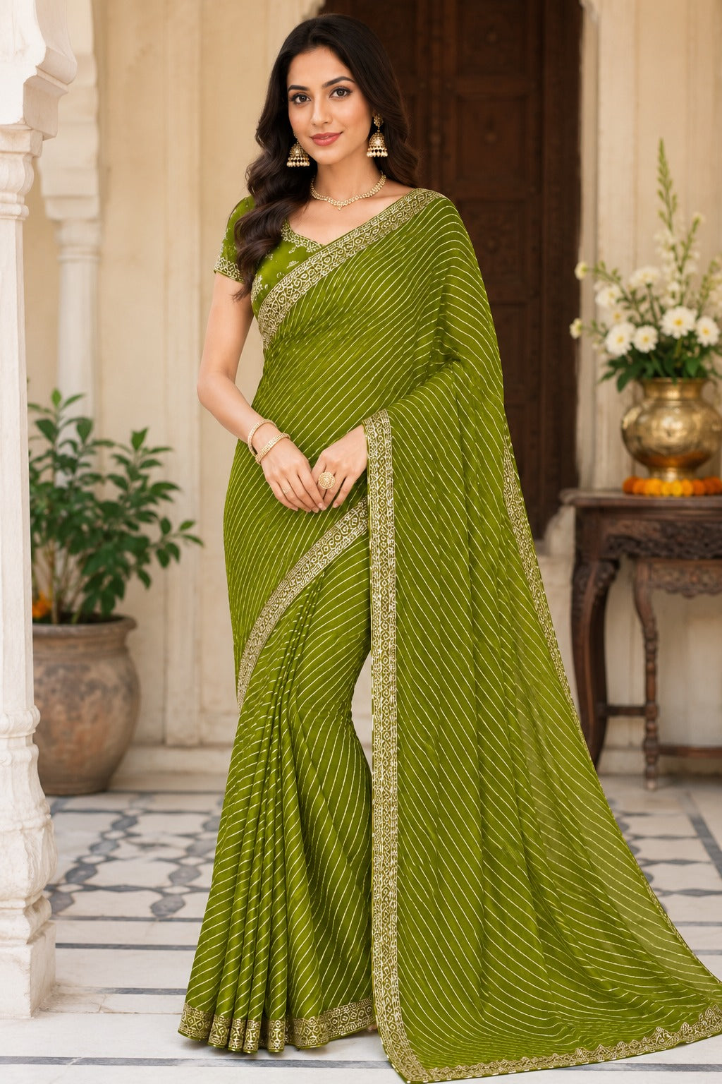 Olive Green Printed Saree with Designer Border | Elegant Traditional Saree for Women
