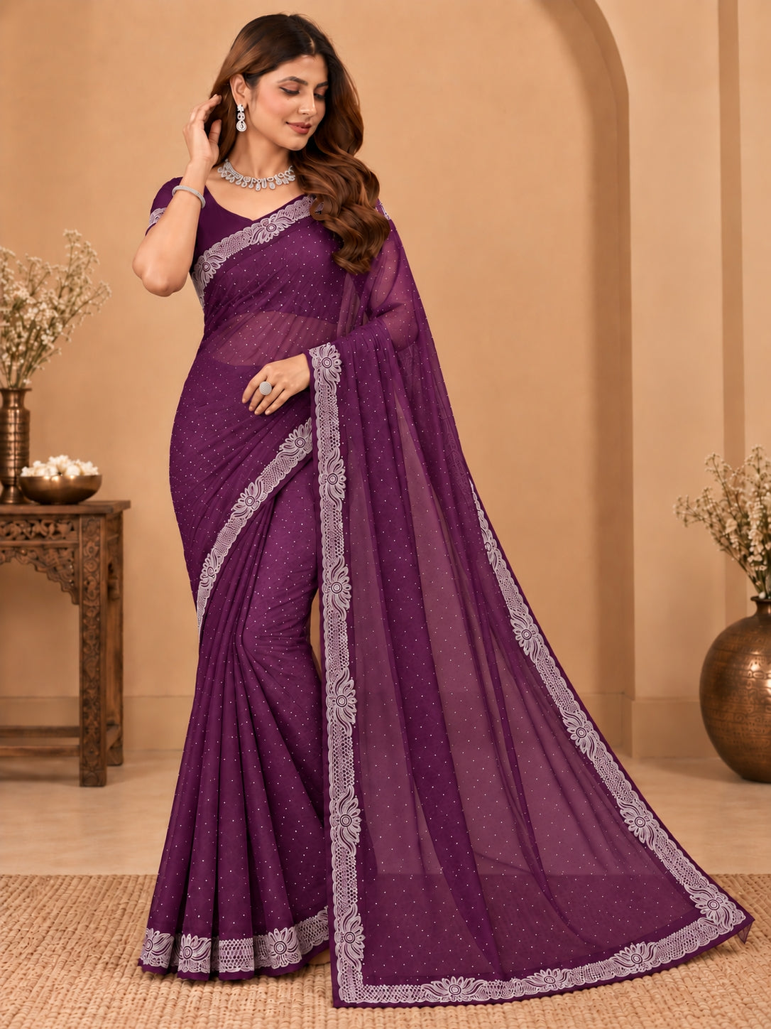 Women's Rich Wine Stone Work Saree with Floral Lace Border