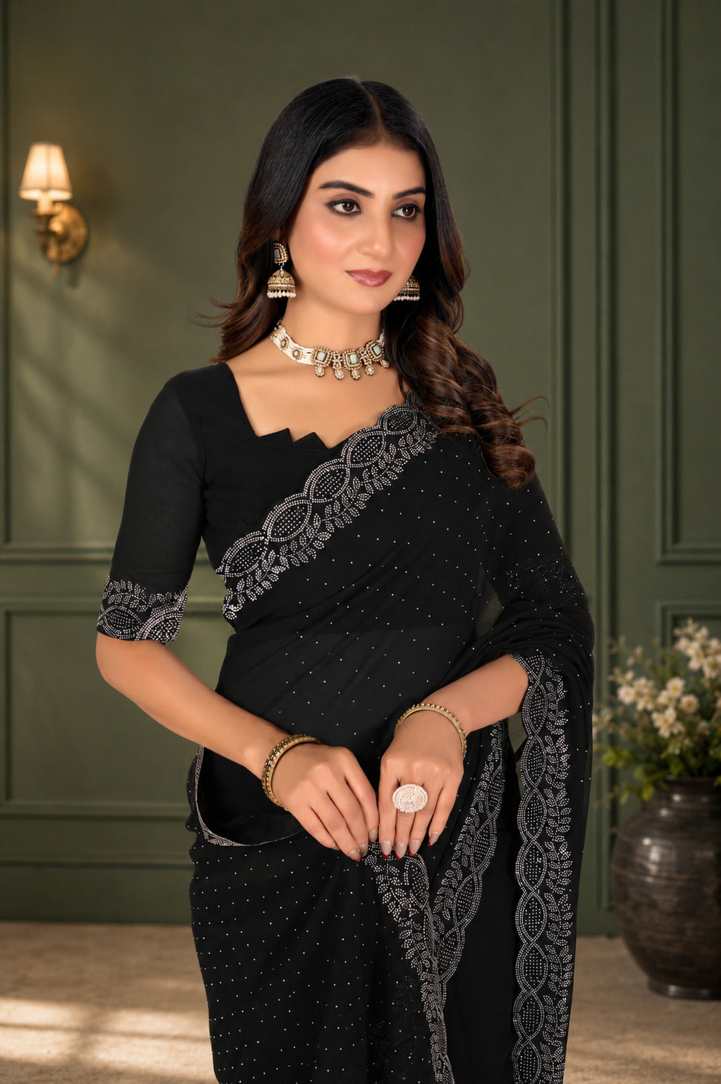 Black Hotfix Stone Work Saree with Designer Stone Border