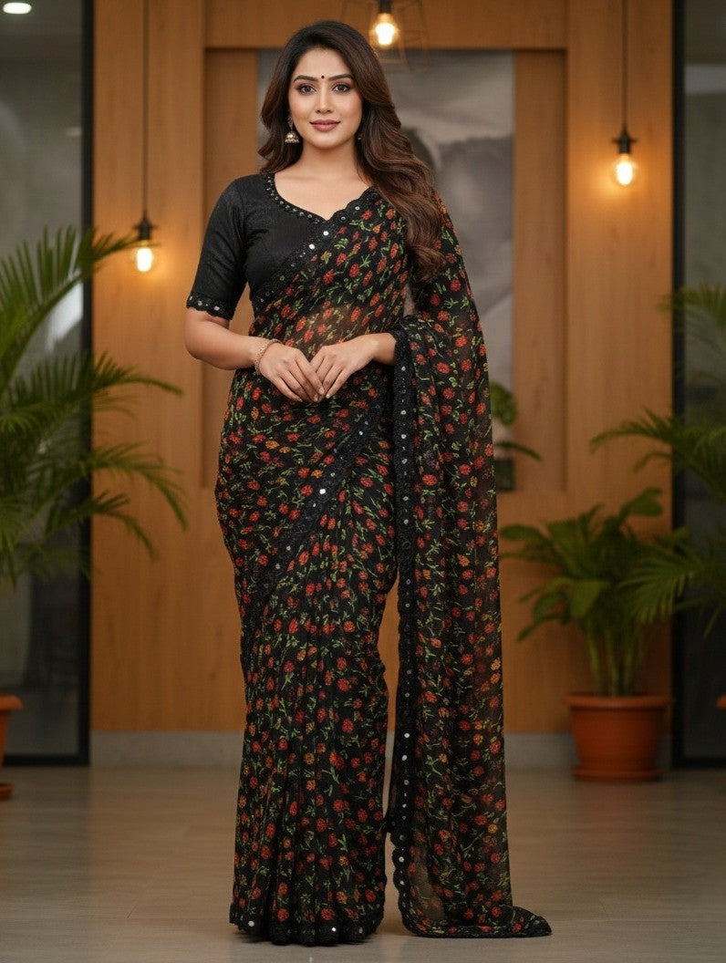 Black Floral Printed Saree with Sequin Border