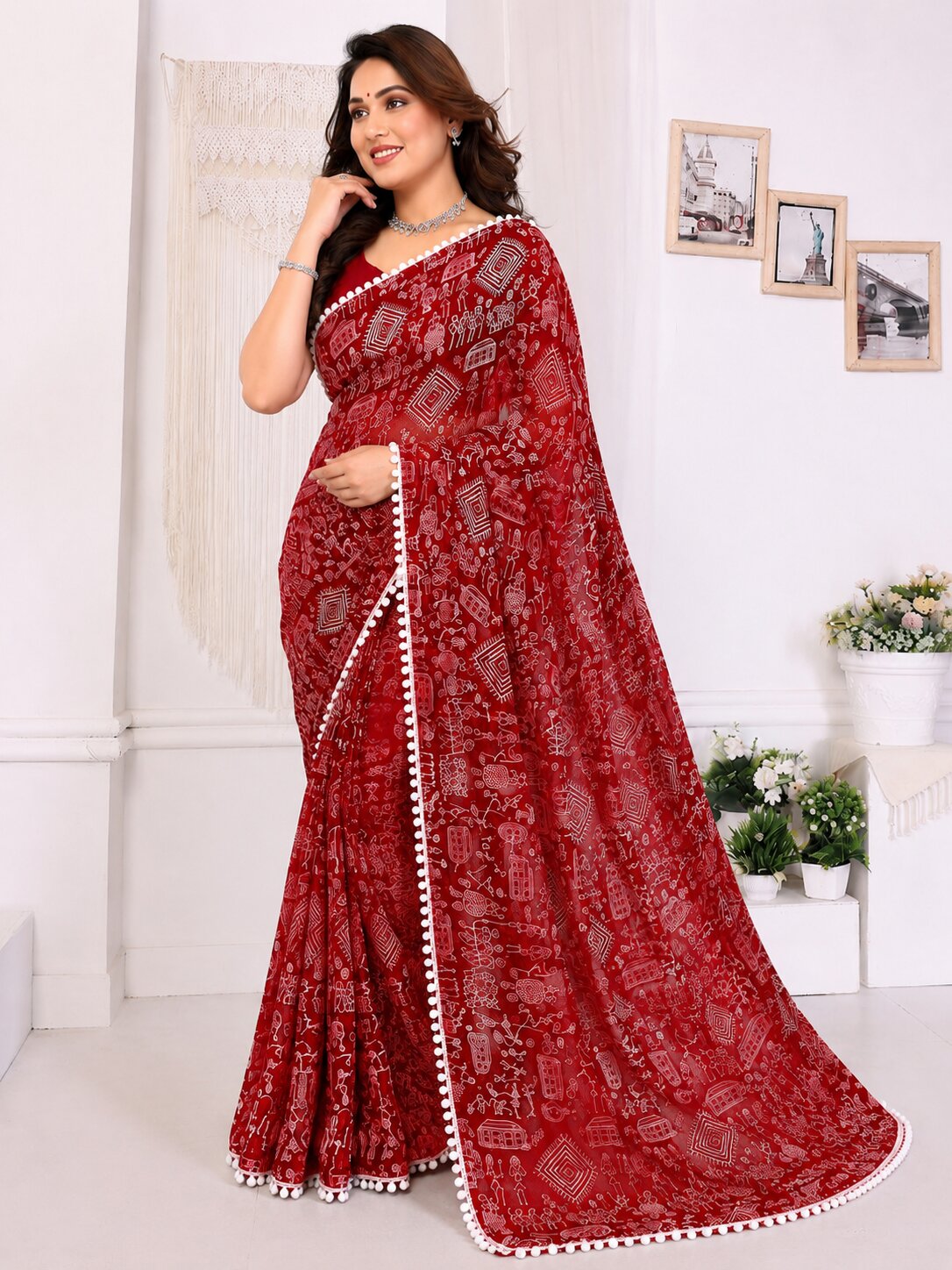 Red Tribal Print Saree with White Pom-Pom Lace Border