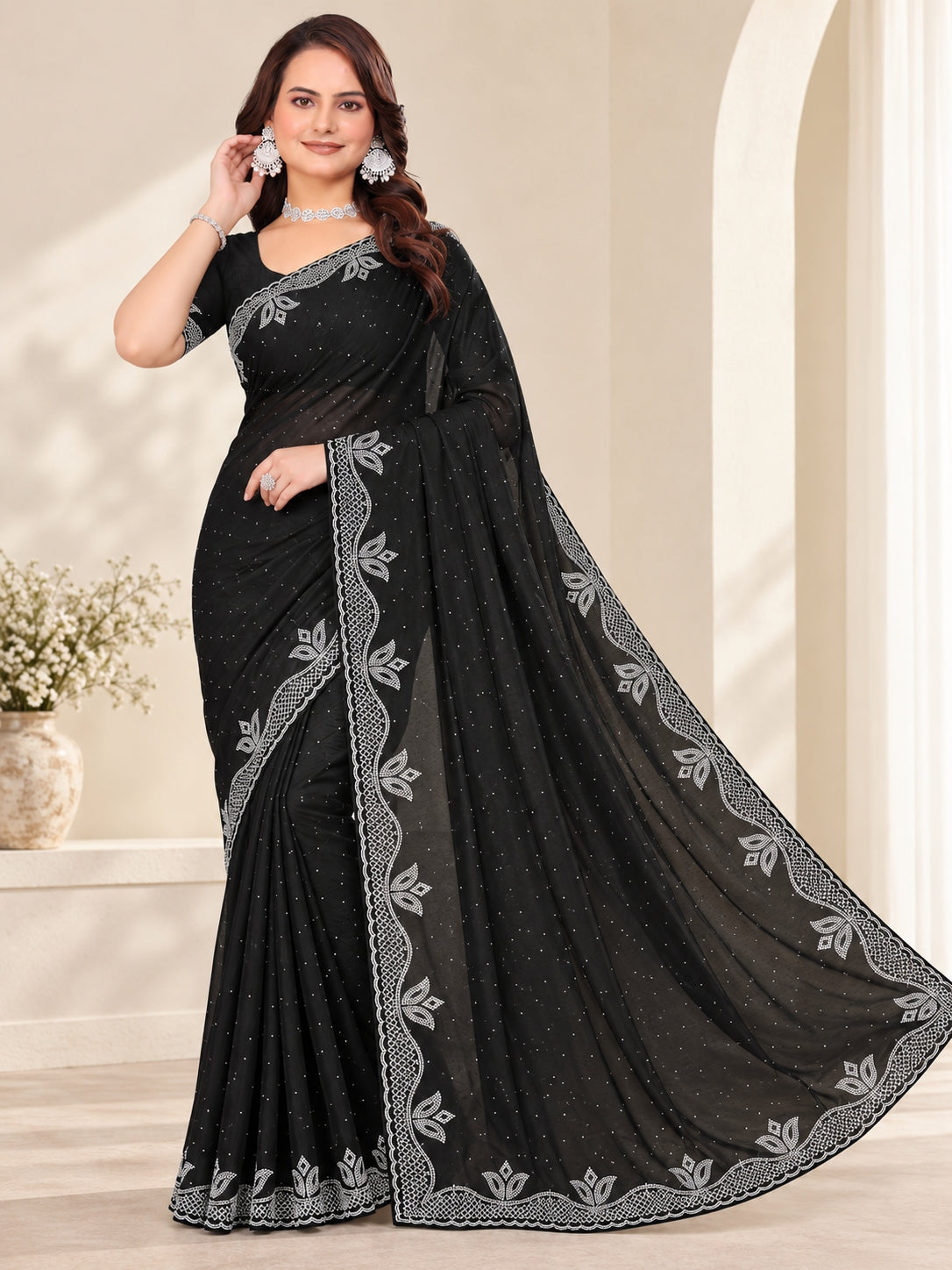 Black Georgette Saree with Embroidered Lace Border