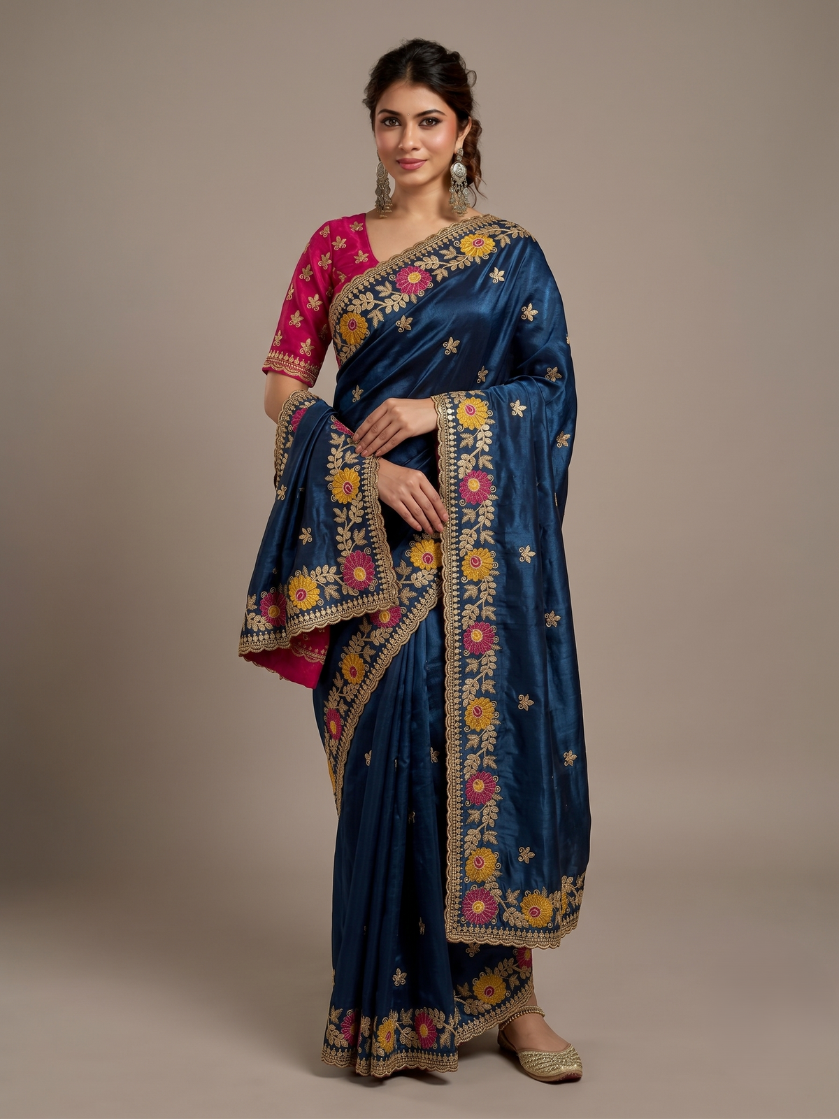 Designer Navy Blue Floral Embroidered Saree with Fancy Border Work