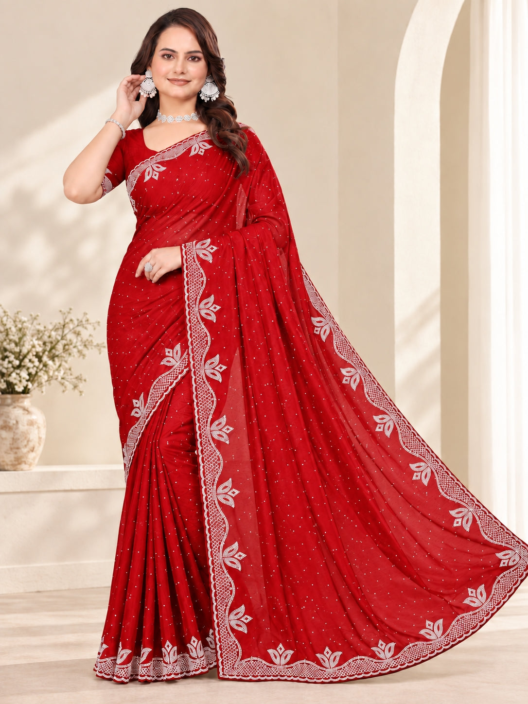 Red Stone Work Georgette Saree with Embroidered Lace Border