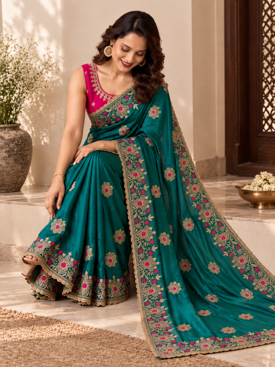 Designer Green Saree with Floral Embroidery and Zari Work