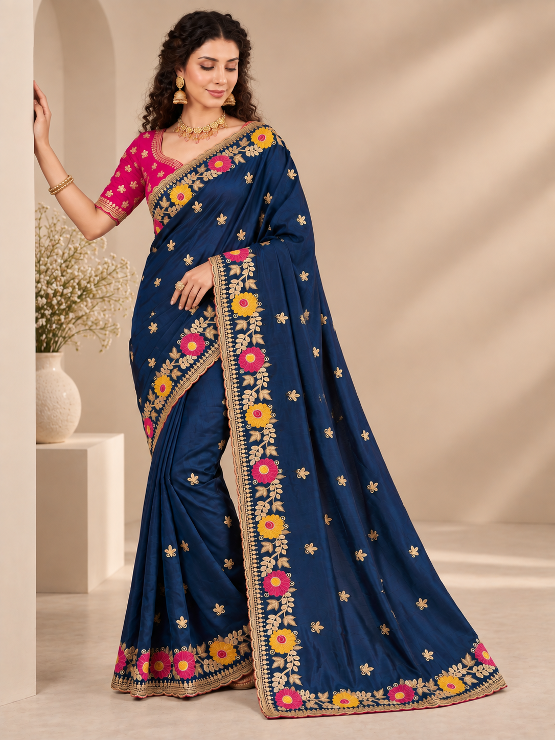 Designer Navy Blue Floral Embroidered Saree with Fancy Border Work