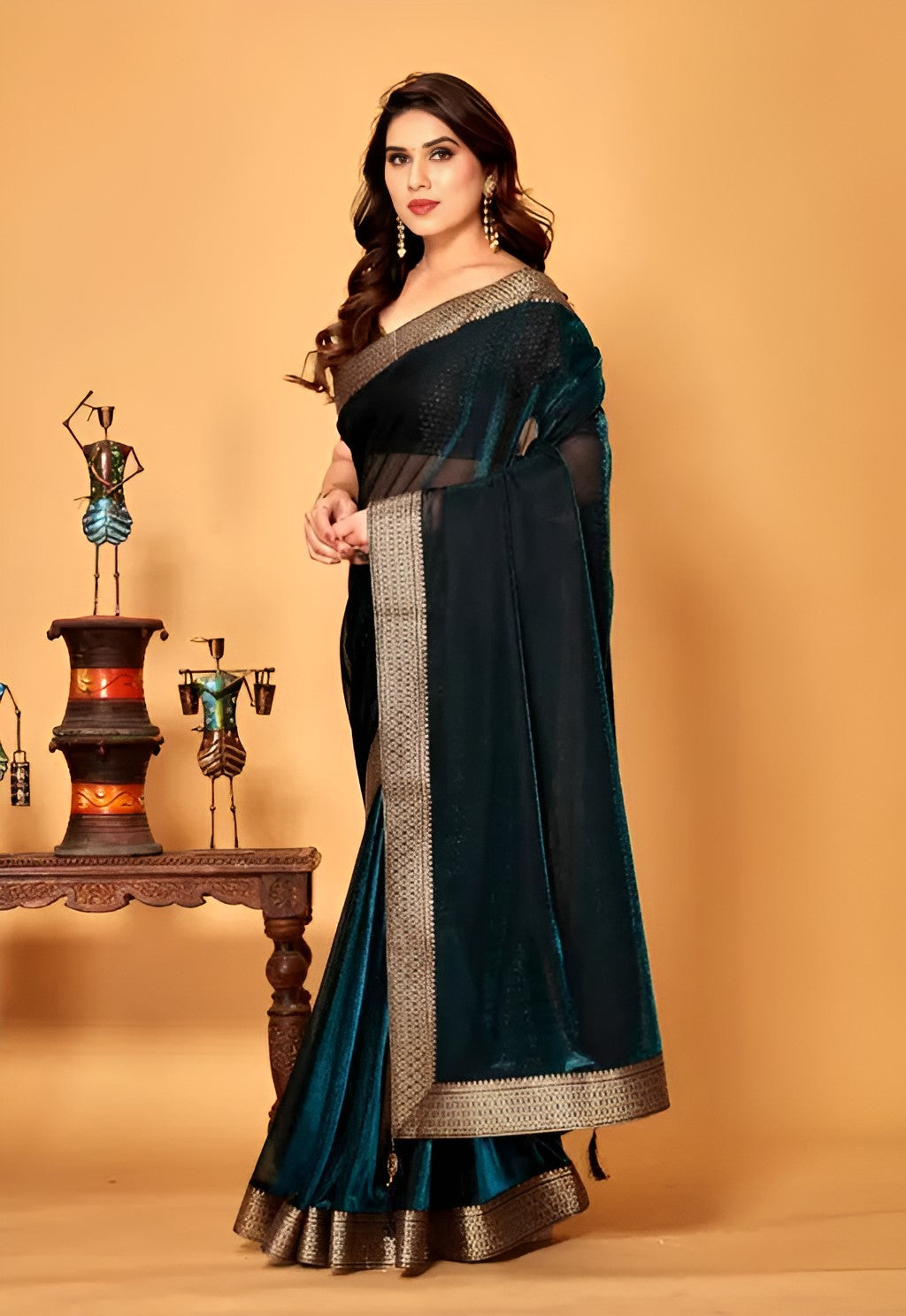Bottle Green Shimmer Lycra Saree with Golden Woven Border