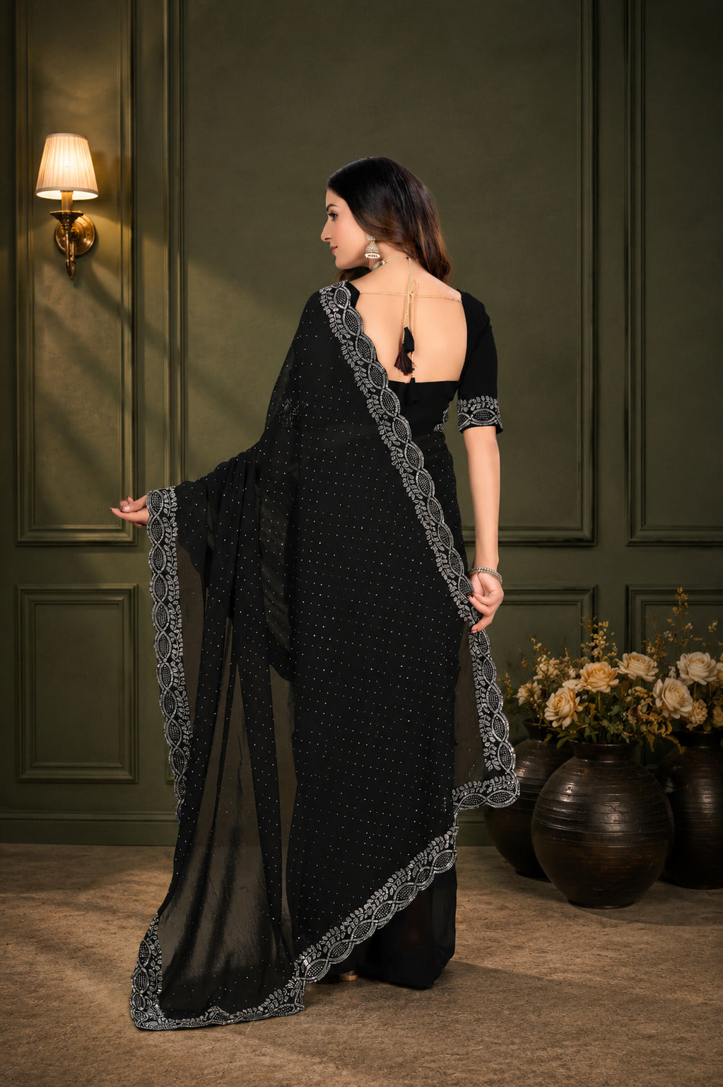 Black Hotfix Stone Work Saree with Designer Stone Border