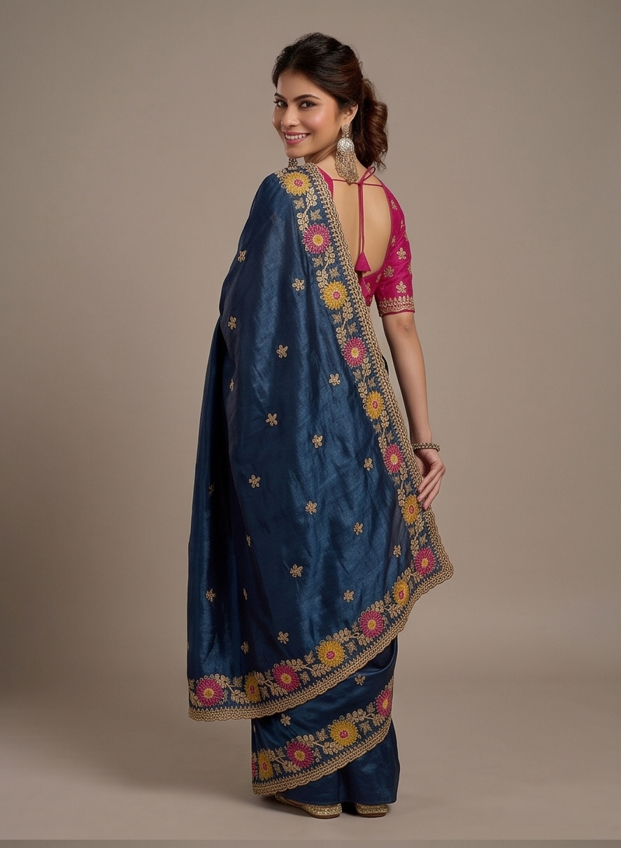 Designer Navy Blue Floral Embroidered Saree with Fancy Border Work