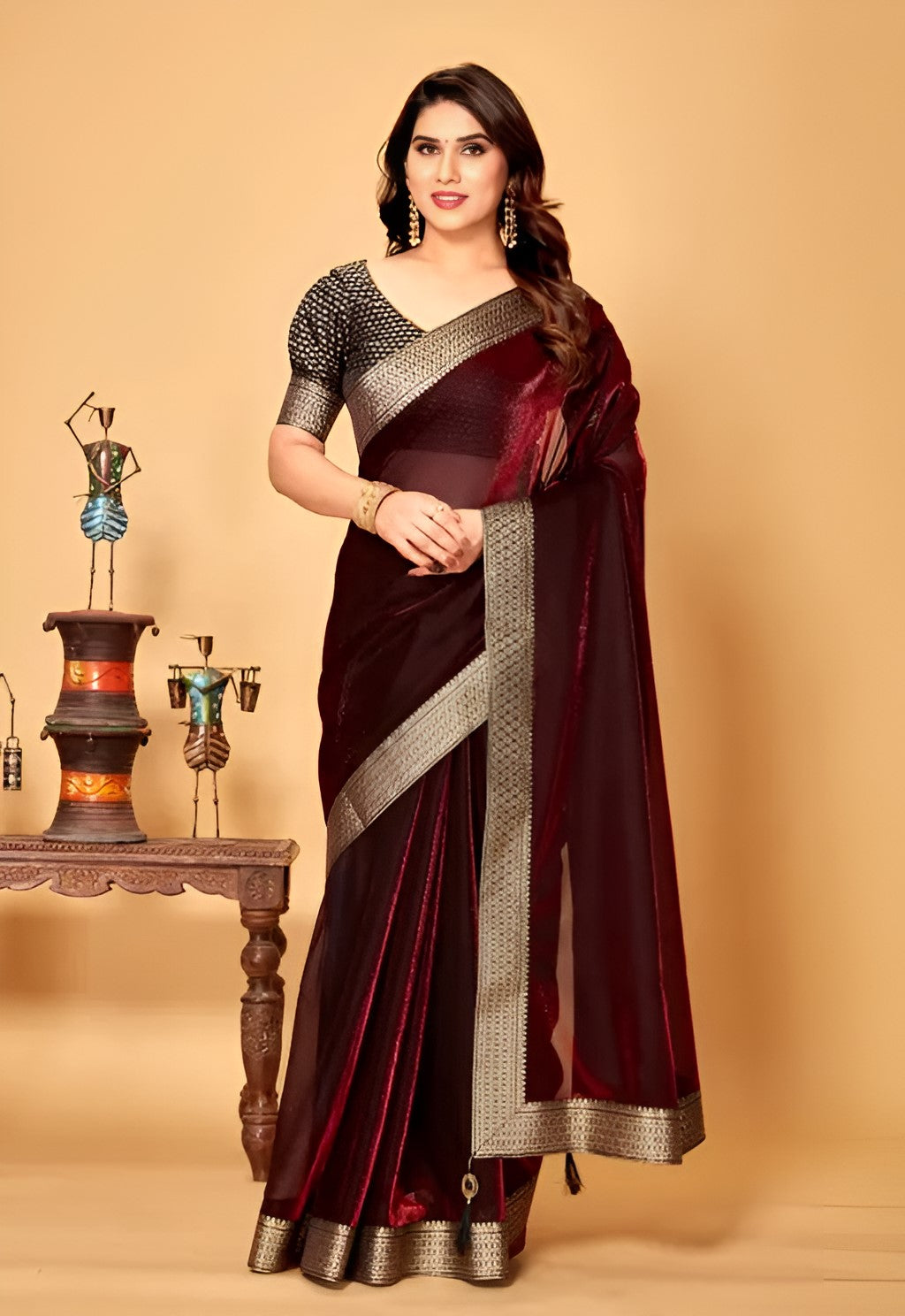 Maroon Shimmer Lycra Saree with Golden Woven Border