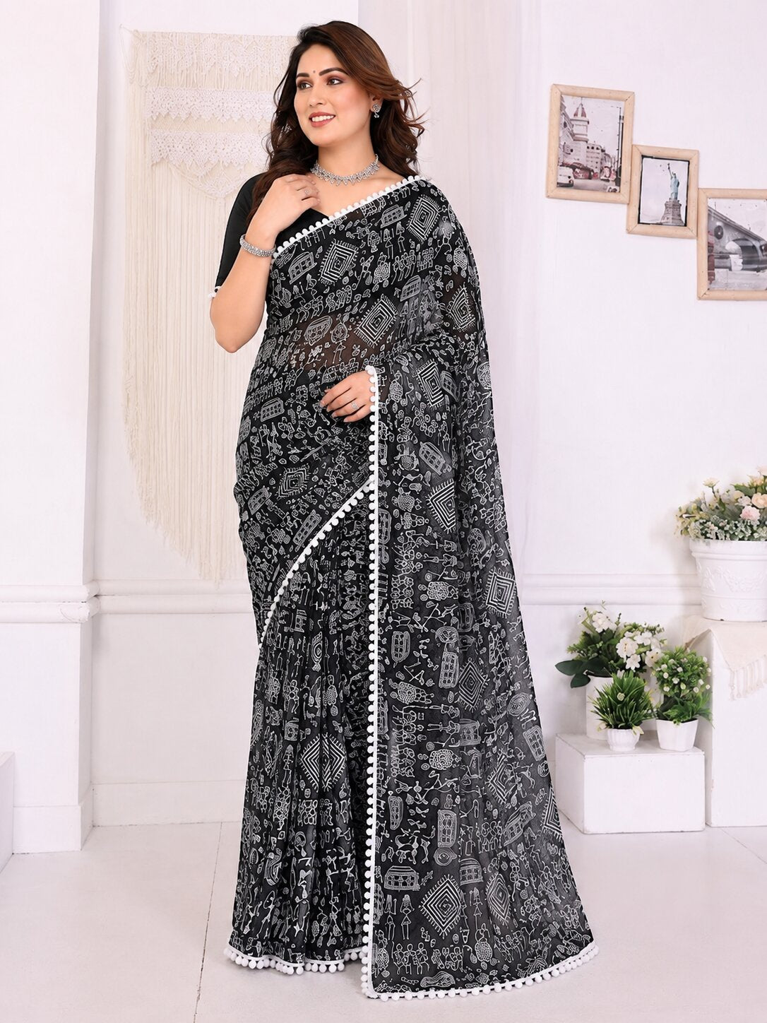 Black Printed Saree with White Pattern & Pom Pom Border