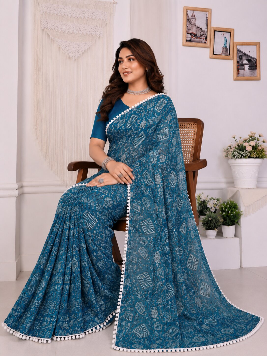 Teal Tribal Print Saree with White Pom-Pom Lace Border