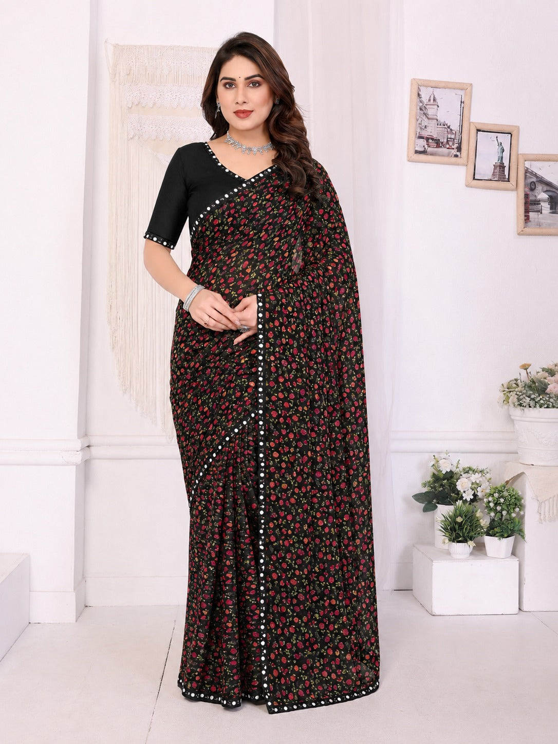 Black Floral Printed Saree with Sequin Mirror Border
