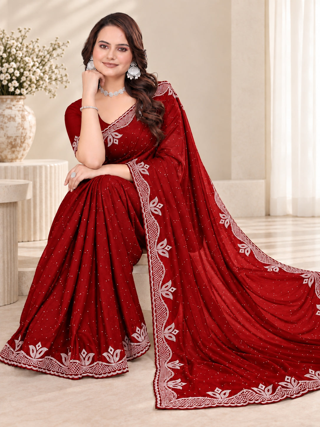 Red Stone Work Georgette Saree with Embroidered Lace Border
