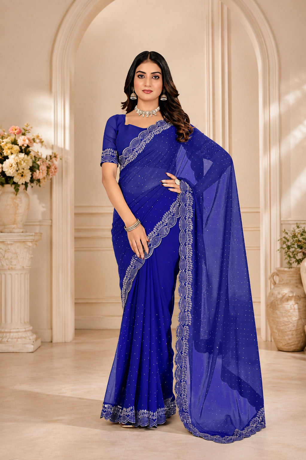 Royal Blue Stone Work Saree with Designer Stone Border
