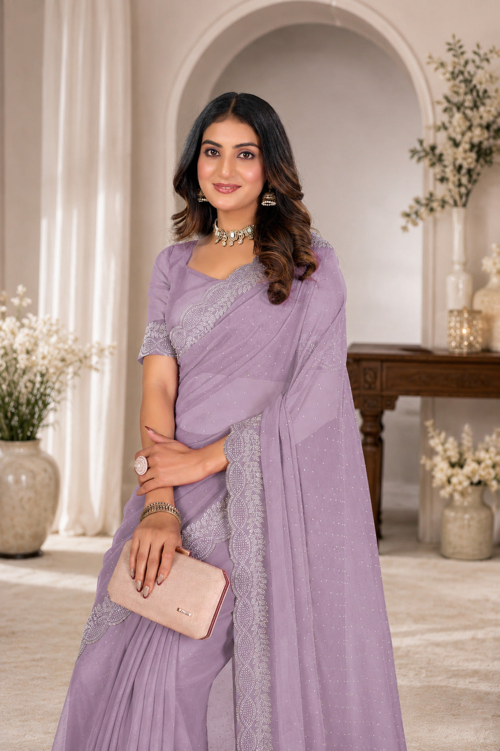 Purple Green Stone Work Georgette Saree with Embroidered Lace Border