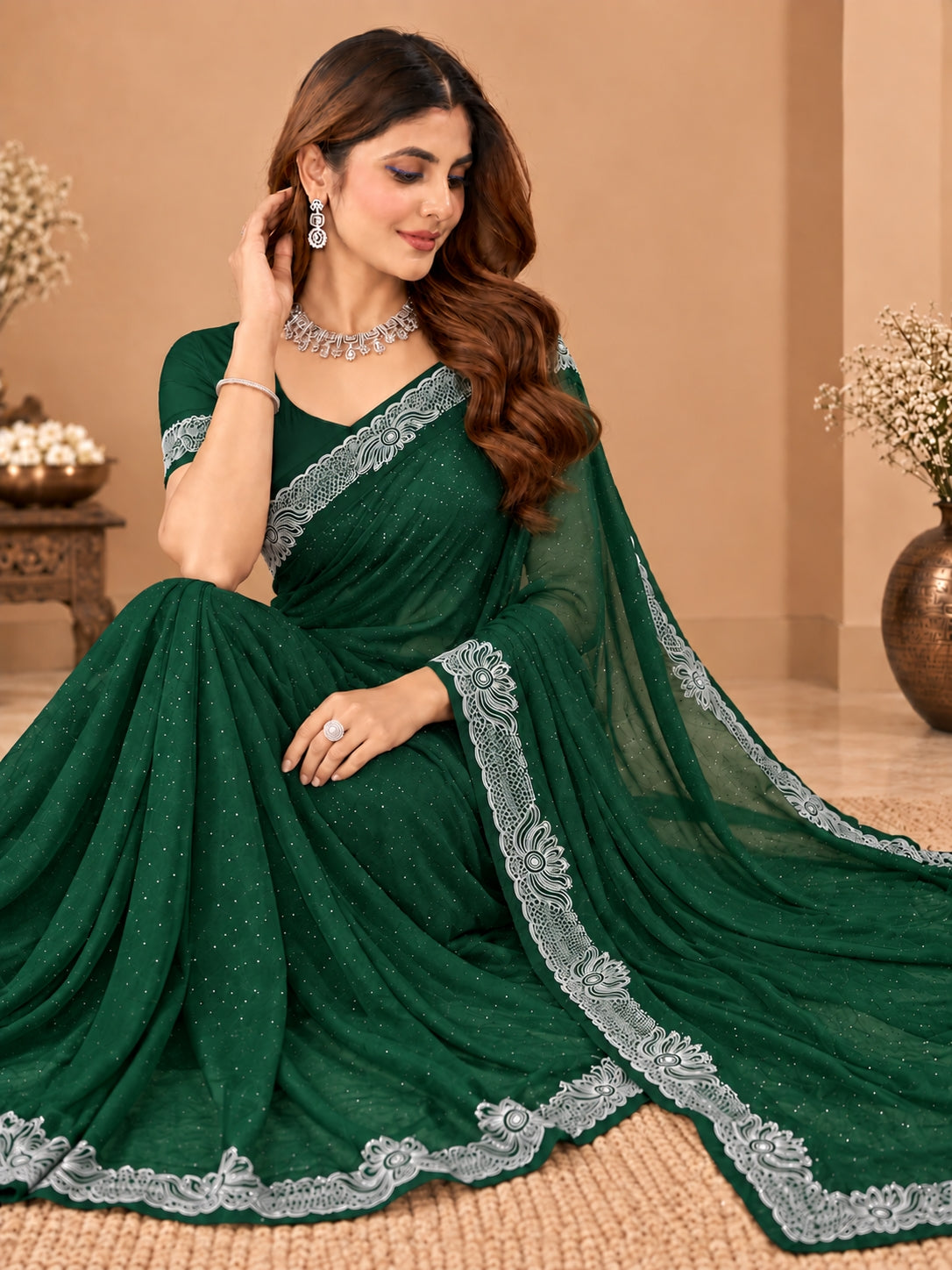 Women's Green Stone Work Saree with Floral Lace Border