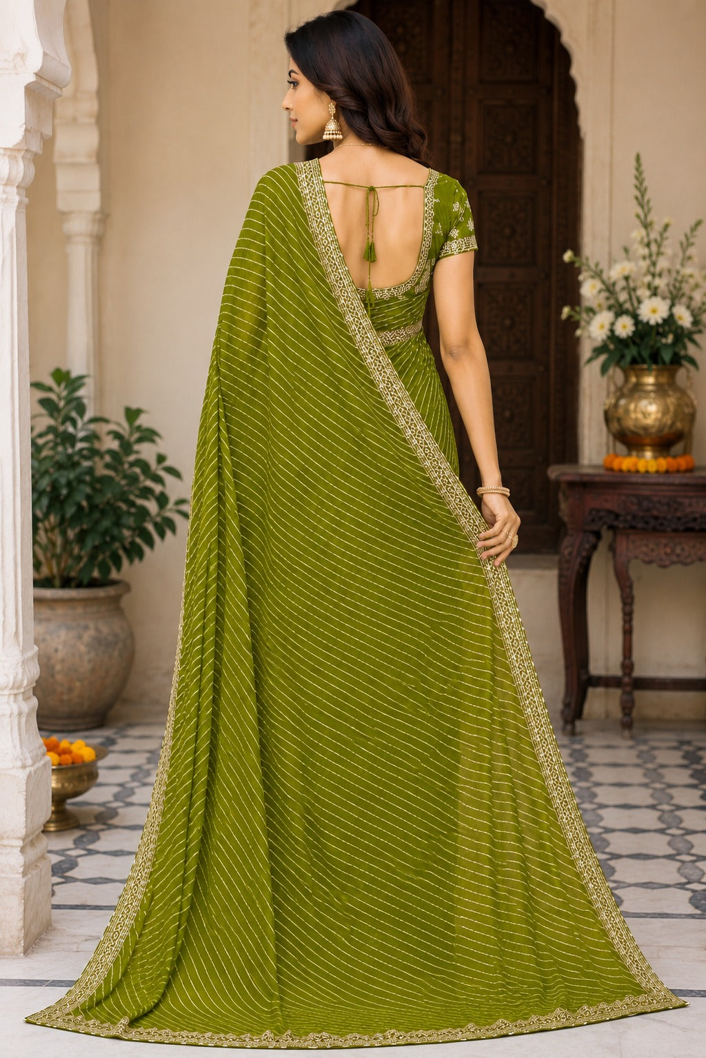 Olive Green Printed Saree with Designer Border | Elegant Traditional Saree for Women