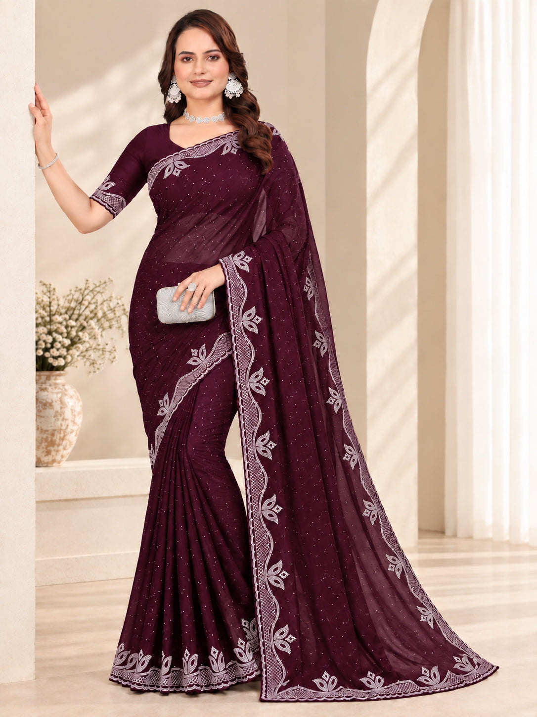 Purple Stone Work Georgette Saree with Embroidered Lace Border