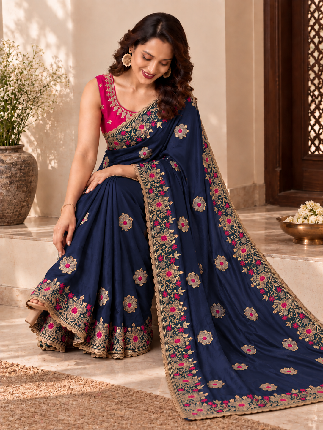 Designer Navy Blue Saree with Floral Embroidery and Zari Work