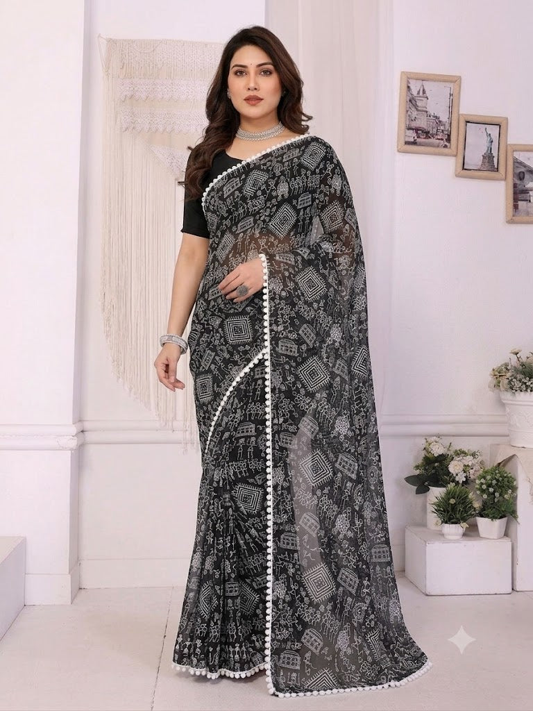 Black Printed Saree with White Pattern & Pom Pom Border