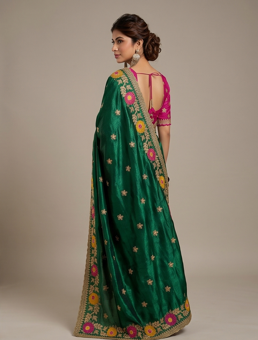 Designer Green Floral Embroidered Saree with Fancy Border Work