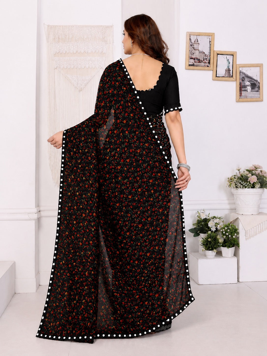 Black Floral Printed Saree with Sequin Mirror Border