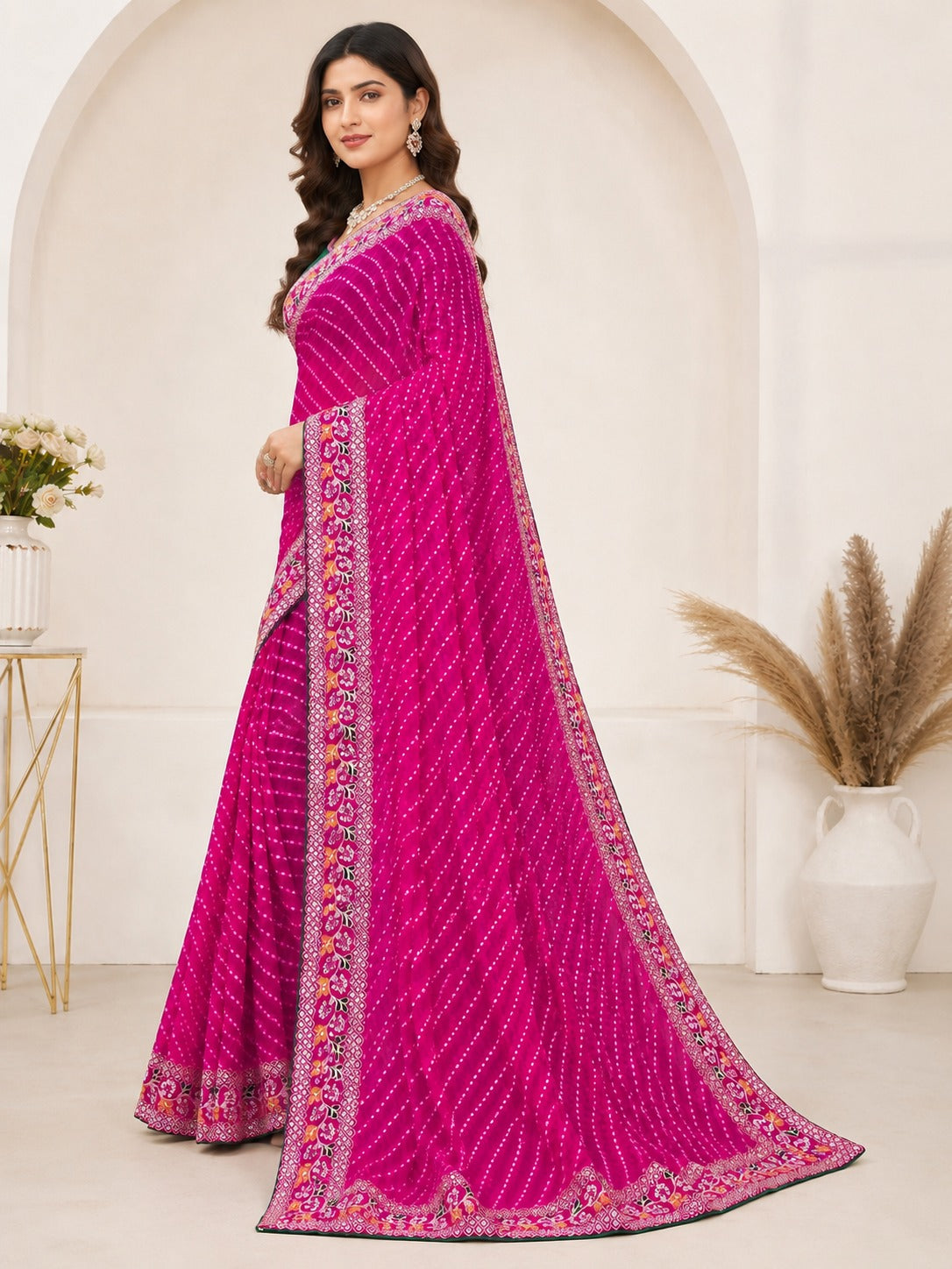 Pink Leheriya Printed Saree with Embroidered Lace Border & Green Blouse Piece