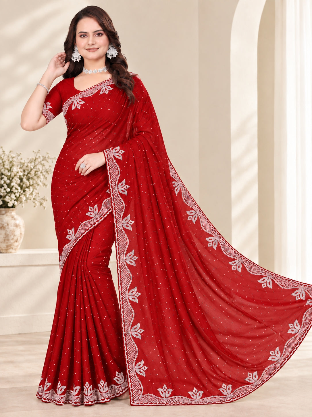 Red Stone Work Georgette Saree with Embroidered Lace Border