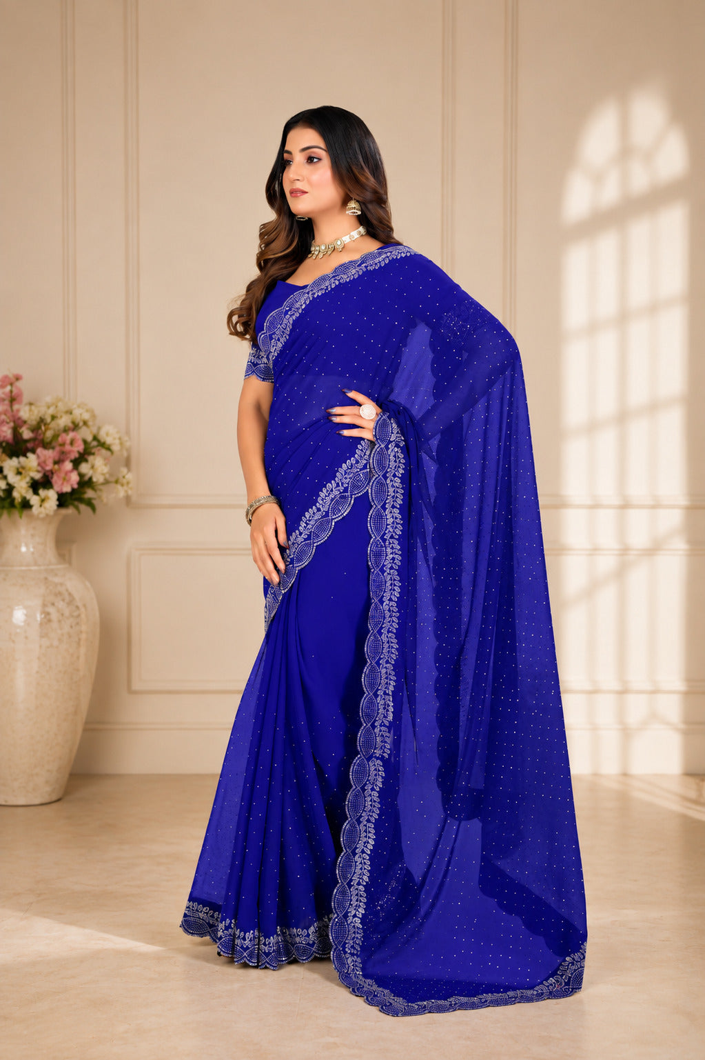 Royal Blue Stone Work Saree with Designer Stone Border