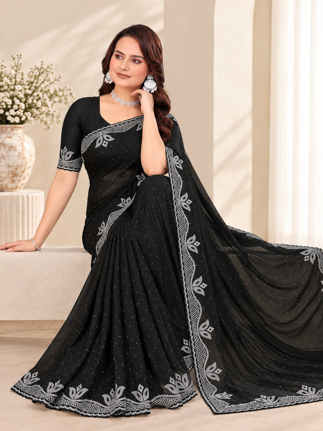 Black Georgette Saree with Embroidered Lace Border