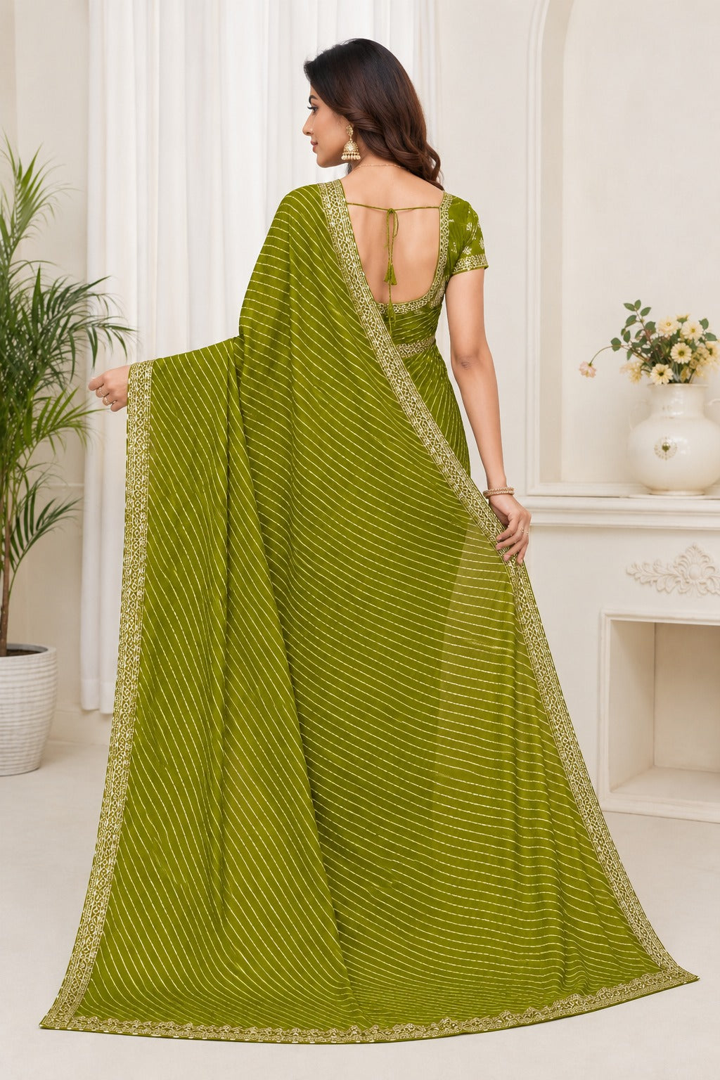 Olive Green Printed Saree with Designer Border
