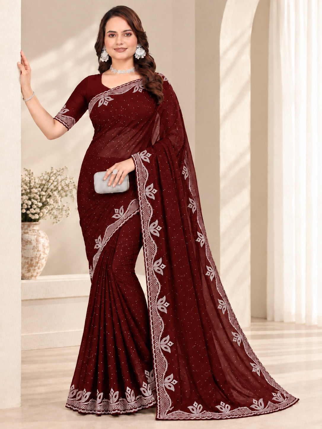 Maroon Stone Work Georgette Saree with Embroidered Lace Border