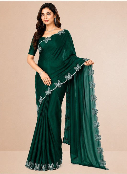 Green Butterfly Swarovski Stone Work Saree