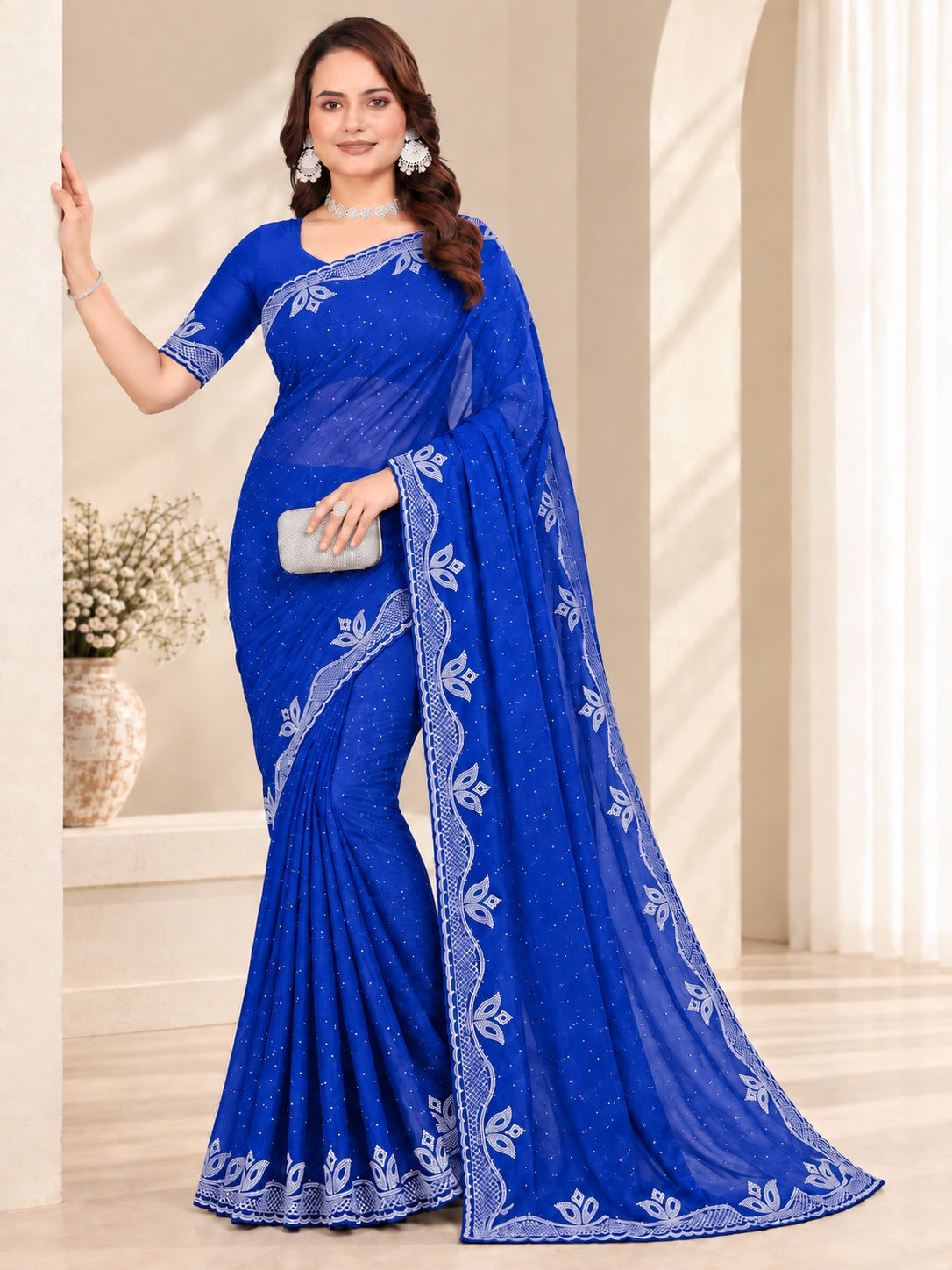 Royal Blue Stone Work Georgette Saree with Embroidered Lace Border