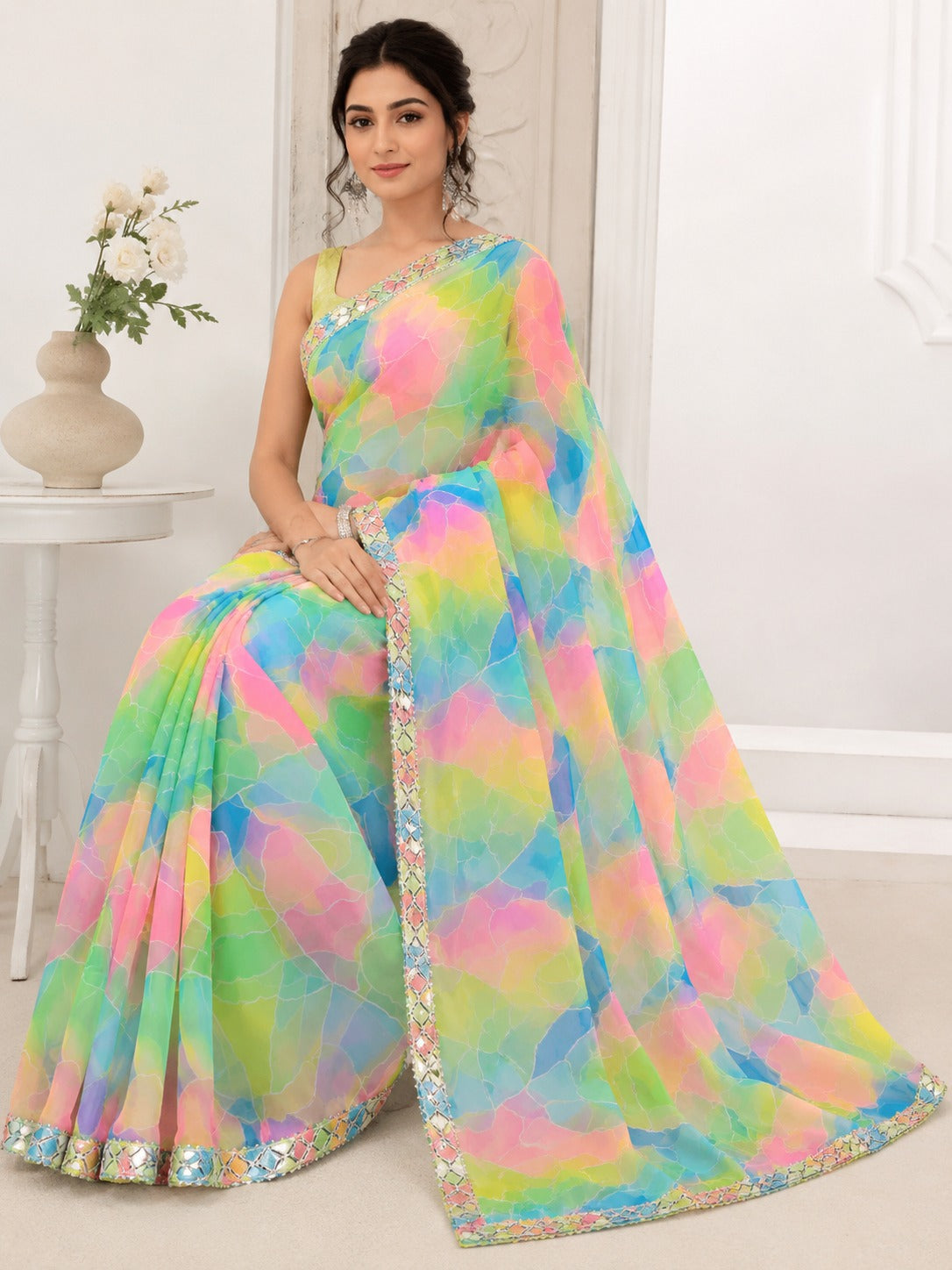 Pastel Multicolor Abstract Printed Saree with Designer Lace Border