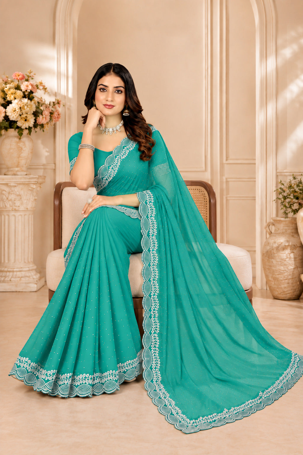 Sea Green Stone Work Georgette Saree with Embroidered Lace Border