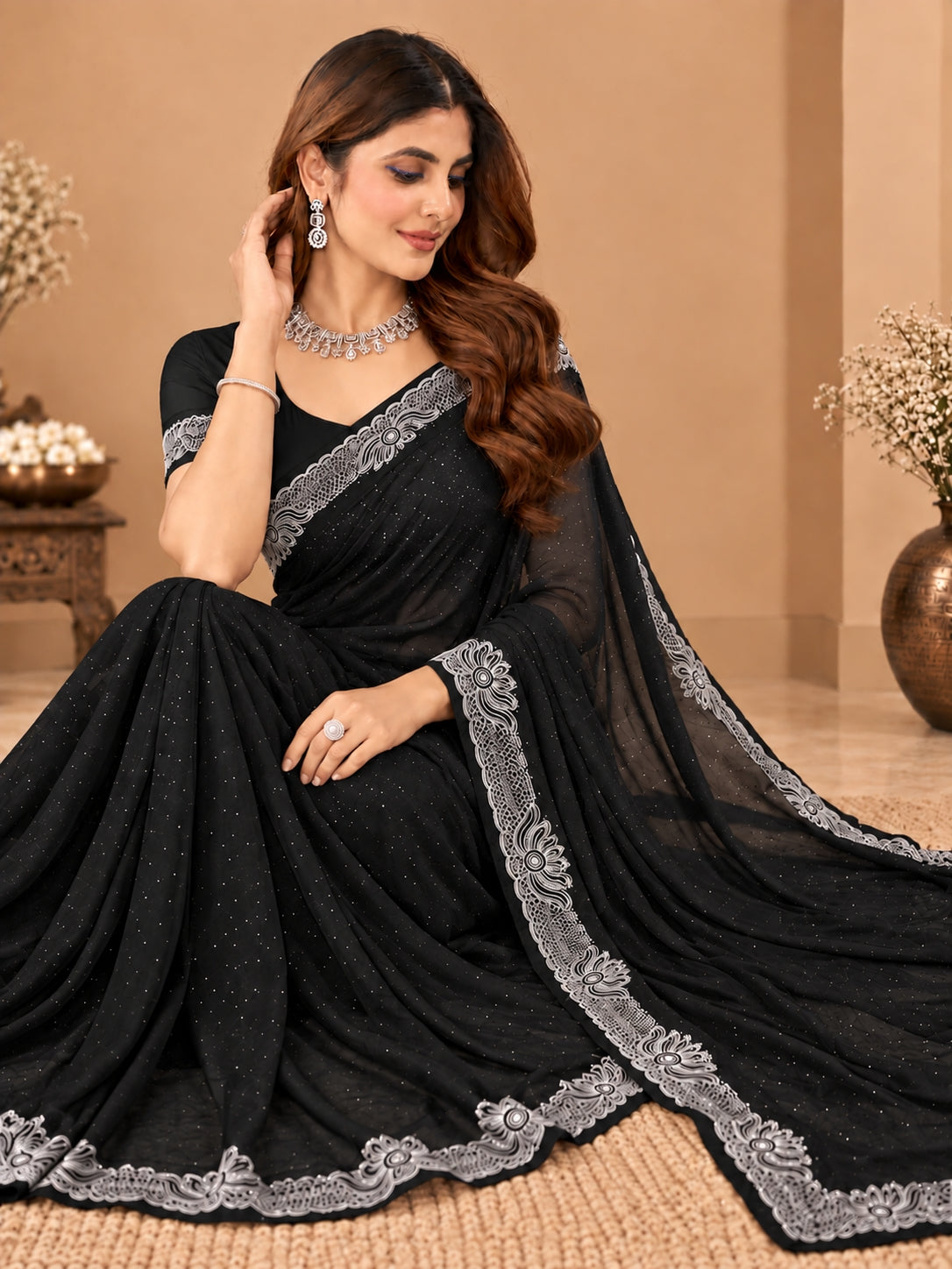 Women's Black Stone Work Saree with Floral Lace Border