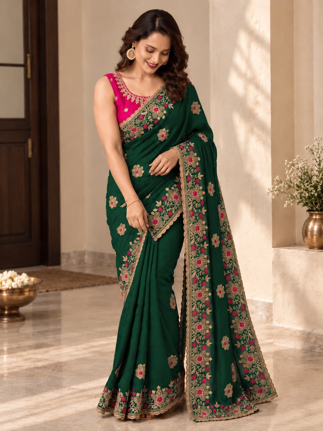 Designer Green Saree with Floral Embroidery and Zari Work
