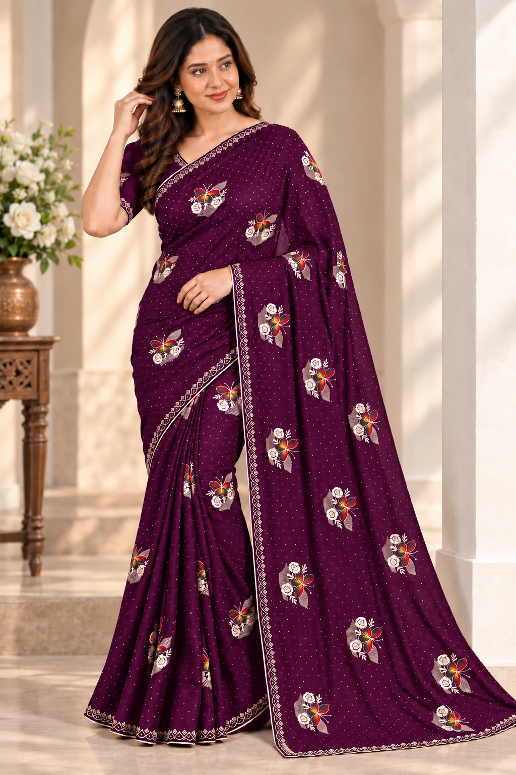 Purple Jimmy Choo Saree with Multicolor Floral Embroidery & Stone Work Lace Border