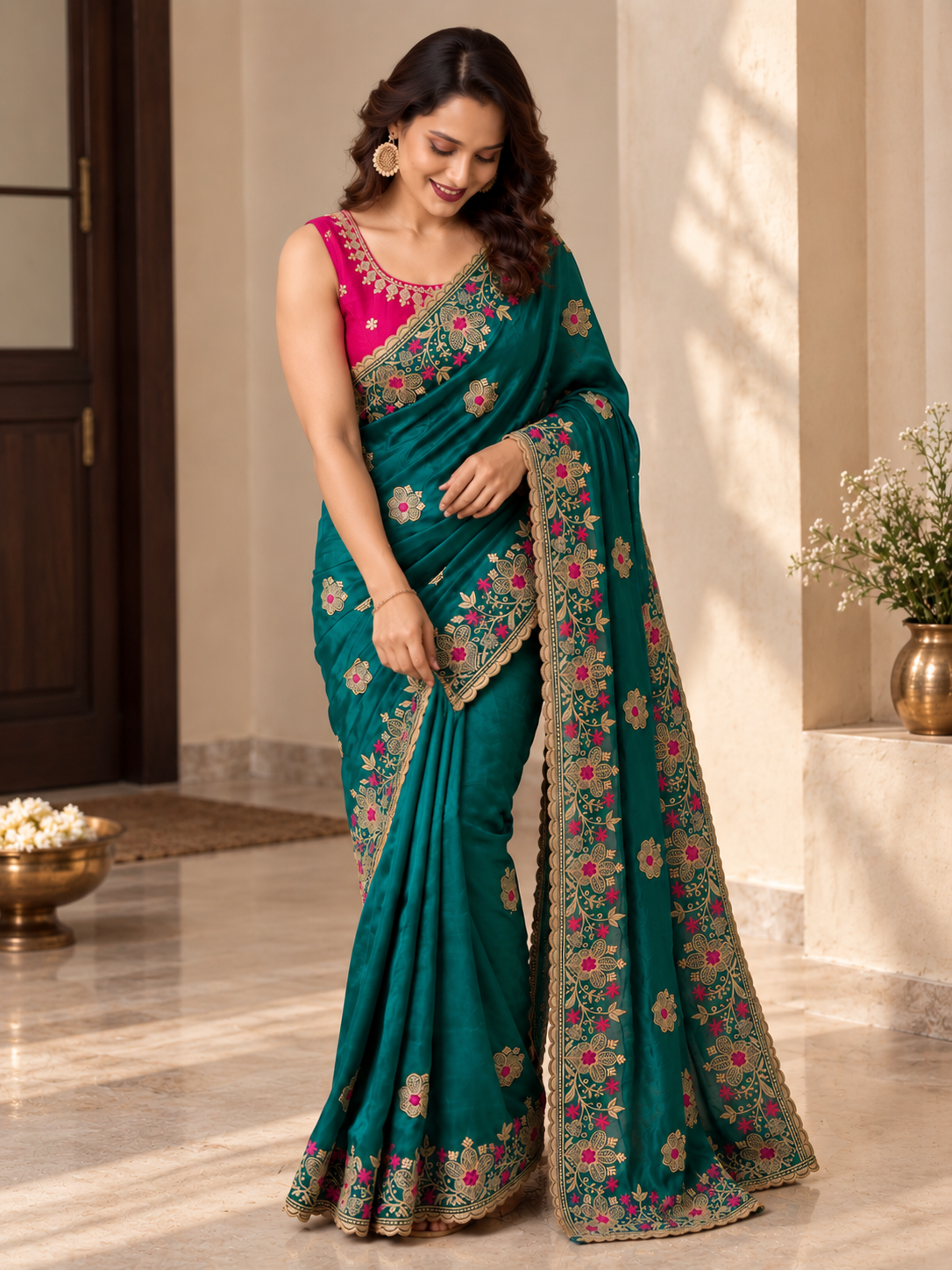Designer Green Saree with Floral Embroidery and Zari Work