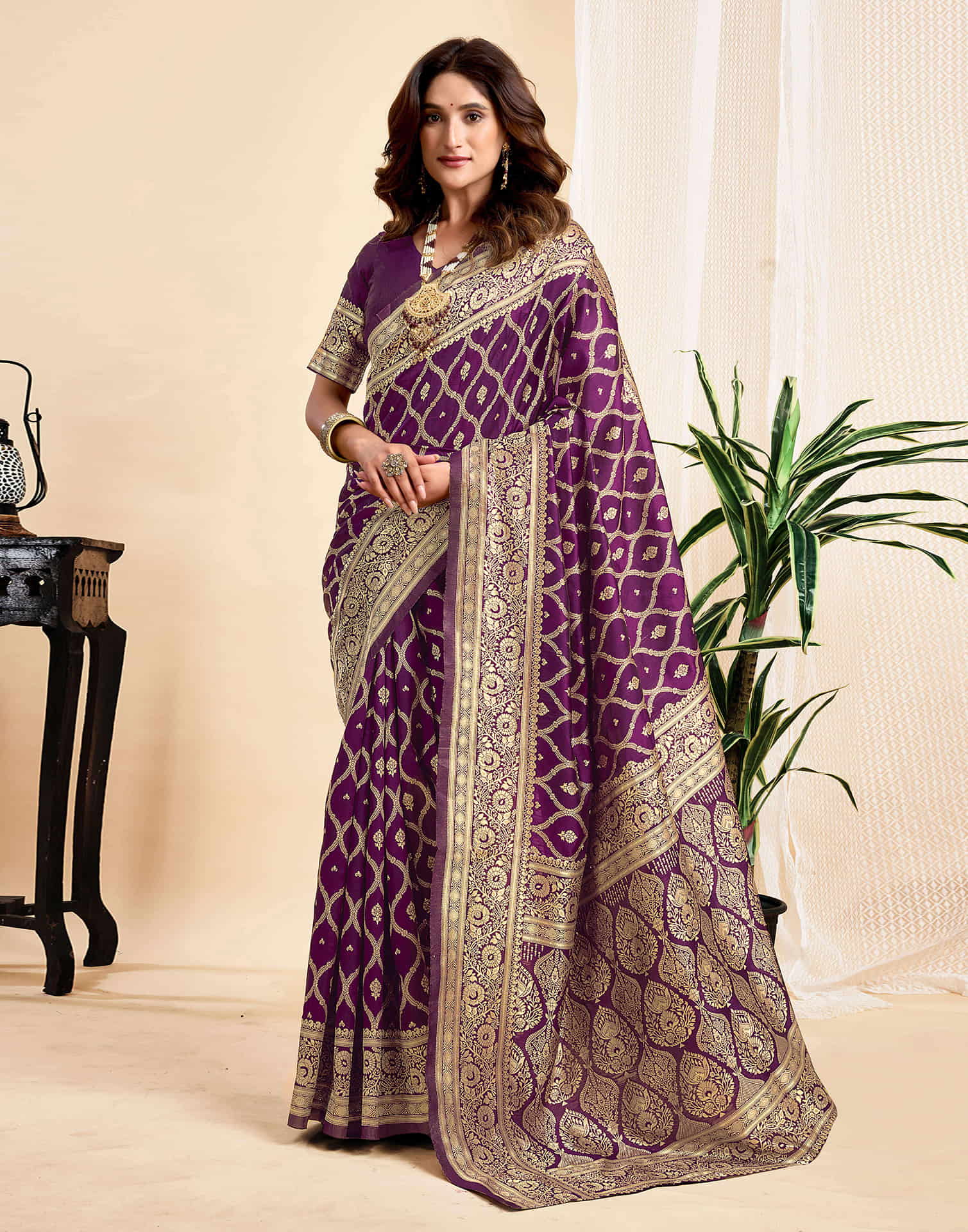 Wine Jaal Silk Woven Banarasi Saree