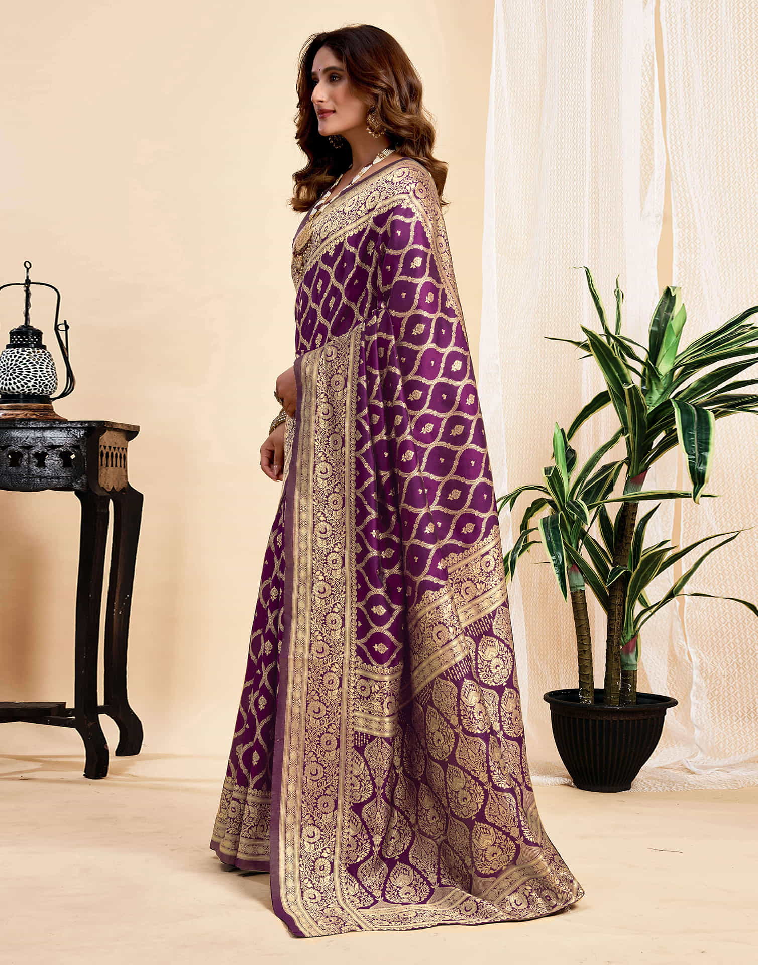 Wine Jaal Silk Woven Banarasi Saree